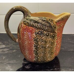 Hand-Painted Orange, Gold, Green Italian Flower-Pattern Ceramic Pitcher